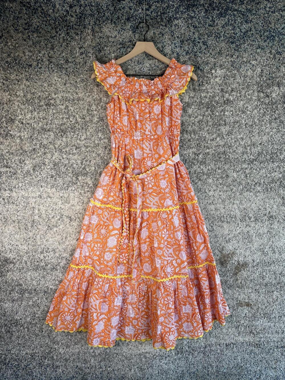 Pink City Prints Dress Womens Small Orange Off Shoulder Smocked Midi Sundress